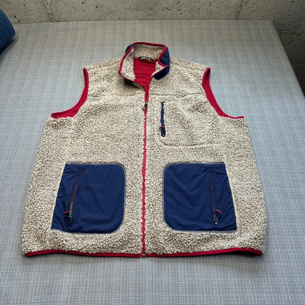Orvis Sherpa‎ Fleece Vest Mens XXL Oatmeal Blue Outdoor Gorpcore Full Zip Hiking